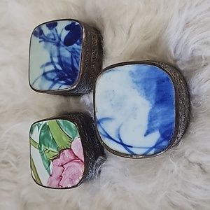 Set of 3 vintage small trinket boxes metal silver plated with porcelain lid